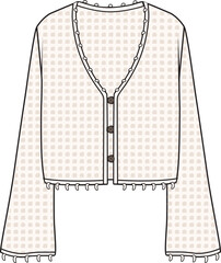 Women's Crochet Button-up Cardigan. Technical fashion illustration. Front, ecru color. Women's CAD mock-up. - obrazy, fototapety, plakaty