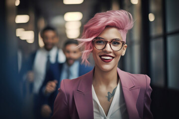 Happy young stylish trans woman in business running large company - 645818006
