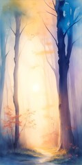 Beautiful morning in the forest. Watercolor landscape. AI generated illustration