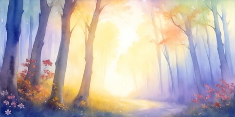 Beautiful morning in the forest. Watercolor landscape. AI generated illustration