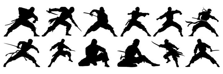 Fototapeta na wymiar Ninja samurai fighter silhouettes set, large pack of vector silhouette design, isolated white background