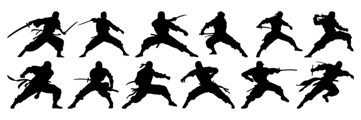 Ninja samurai fighter silhouettes set, large pack of vector silhouette design, isolated white background