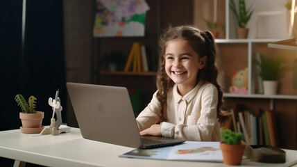 smiling girl using laptop at desk