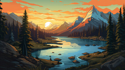 Scenic view of glacier National Park during sunrise in landscape comic style. Giant cactus. Digital illustration generative AI. - obrazy, fototapety, plakaty