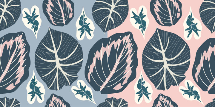 Beautiful tropical leaves. Seamless pattern . multi-colored leaf, monstera leaves, flower line for wallpaper design, covers, postcard packaging. Design for cosmetics, products, spa, decor.