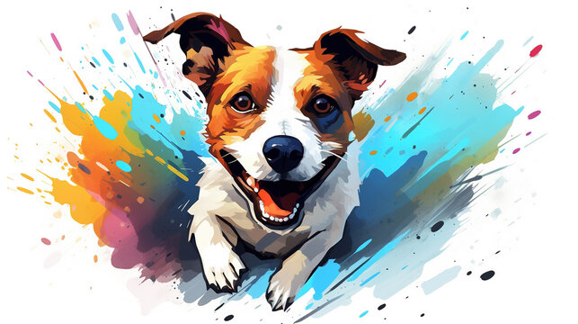 Adorable jack russell terrier dog running illustration vector in abstract mixed grunge colors digital painting in minimal colorful graphic art style. Digital illustration generative AI.
