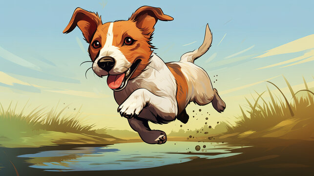 Adorable jack russell terrier dog running illustration vector In colorful comic style. Digital illustration generative AI.