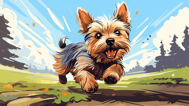 Adorable Yorkshire terrier dog running illustration vector In colorful comic style. Digital illustration generative AI.