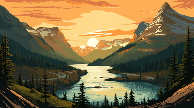 Scenic view of glacier National Park during sunrise in landscape comic style. Giant cactus. Digital illustration generative AI.