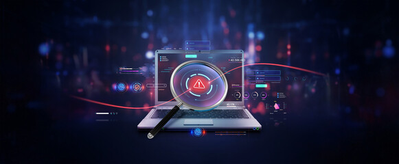 infographic charts analysis of corporate laptop antivirus or phishing malware attach detection and cleanup software or finding and searching database files on screen with magnifier lens as wide banner - Powered by Adobe