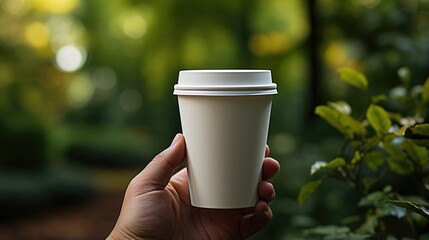 Hand holding coffe cup with white glass on green nature bokeh background