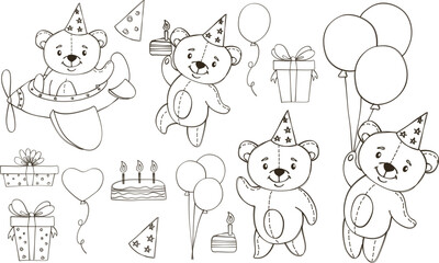 Vector linear children illustration. Cute bears celebrating a birthday. Teddy bear flying on airplane, on balloons. Collection for children's birthday. Gifts, cakes, balloons. Hand-drawn illustrations