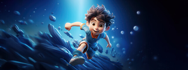 active energetic player boy running fast and jumping while speed training or playing a match, dynamic active pose of kids and children success in sports championship in cartoon style wide banner