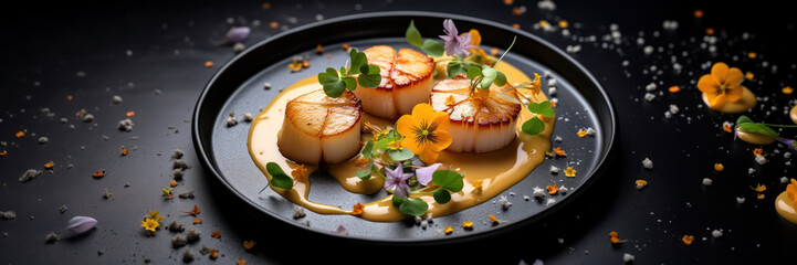 fine dining chef preparing Grilled scallops recipe in creamy butter lemon or Cajun spicy dripping...