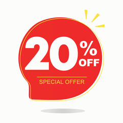 20% off. Tag, sticker, special offer. Advertising for sales, promo, discount, shop. Poster ten percent off price, value. Red and yellow balloon. Vector, symbol, icon
