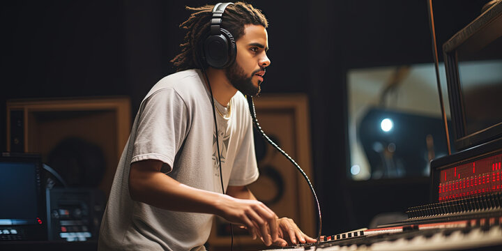 Black DJ musician with an afro hairstyle creates a song in a music studio