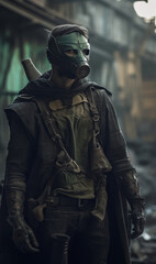 Soldier in an old trenchcoat and gas mask walks through a post-apocalyptic world