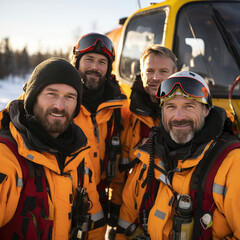 Mountaineers and rescuers in orange jackets in Alaska