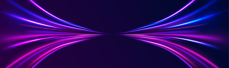 Fototapeta premium Red blue motion police line, horizontal light rays panoramic high speed technology concept, light abstract background. Light arc in neon colors, in the form of a turn and a zigzag. 