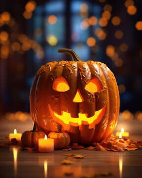 Photorealistic image of a scary Halloween pumpkin with fire inside