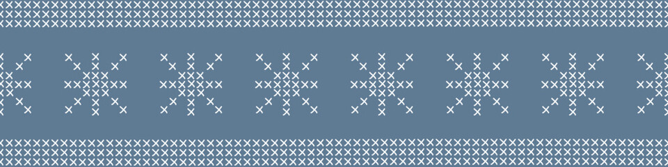 Cross stitch or knitting seamless border with snowflakes or stars, vector - obrazy, fototapety, plakaty