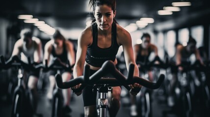 person riding a bike in spin class - obrazy, fototapety, plakaty