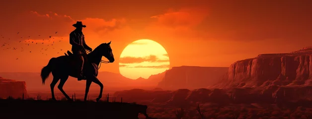  Silhouette of cowboy on horseback at sunset. 3d rendering © Gorilla Studio