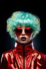 a young woman with provocative green hair, round shaped sunglasses. Style and fashion for the 22nd century concept. Generative AI