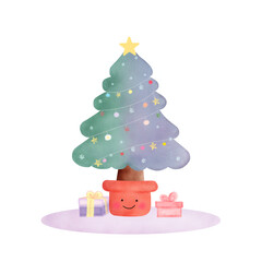 Christmas collection a pastel cute Christmas tree and decorative ball lights watercolor technique. Vector illustration drawing.