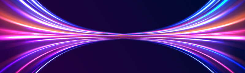 Panoramic horizontal high speed highway concept, light abstract background. Technology flow design illustration. High-speed light line in the form of a road and a highway in a night city.	