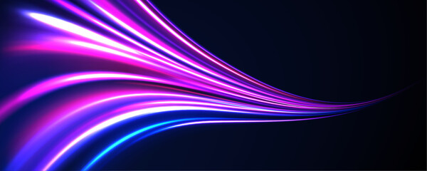 Curved light trail stretched upward. Fast speed car. Acceleration speed motion on night road. City light trails motion background. Illustration of high speed concept.	