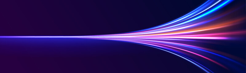 Neon stripes in the form of drill, turns and swirl.  Illustration of high speed concept. Motion light effect for banners. The effect of speed on a blue background.	