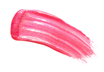 Pink shimmering lip gloss texture isolated on white background. Smudged cosmetic product smear. Makup swatch product sample