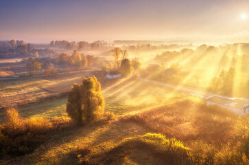 Aerial view of village in fog with golden sunbeams at sunrise in autumn. Beautiful rural landscape...
