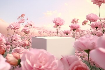 Natural beauty podium backdrop with spring rose flower field scene. 3d rendering. generative ai.