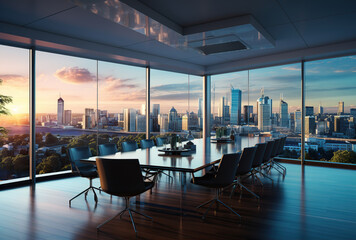 Modern office meeting room interior with glass windows. Created with Generative AI