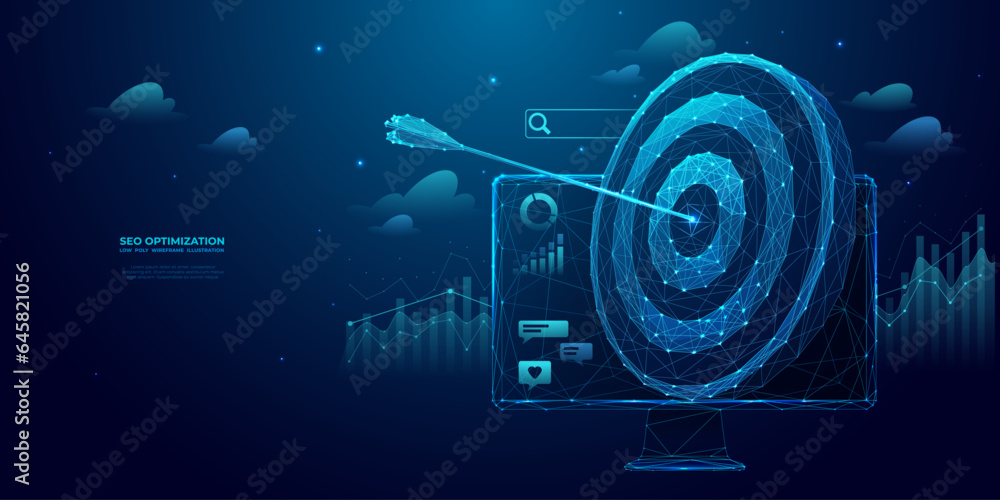Poster seo optimization concept in futuristic geometry style. abstract digital target, arrow in bullseye on