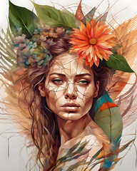 Abstract portrait of a Woman with Flowers in Her Hair