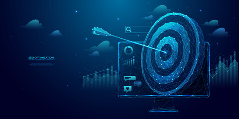 SEO optimization concept in futuristic geometry style. Abstract digital target, arrow in bullseye on a computer monitor screen. Growth chart on blue technology background. Low poly wireframe vector.