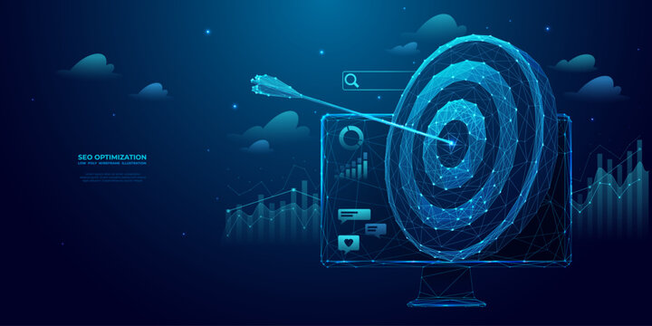 SEO optimization concept in futuristic geometry style. Abstract digital target, arrow in bullseye on a computer monitor screen. Growth chart on blue technology background. Low poly wireframe vector.