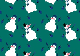 Christmas tree balls seamless snowman pattern for wrapping paper and fabrics and festive packaging and kids
