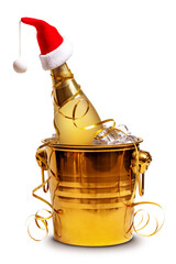 A bottle of champagne in a bucket of ice, decorated with a New Year's serpentine and a Santa Claus hat