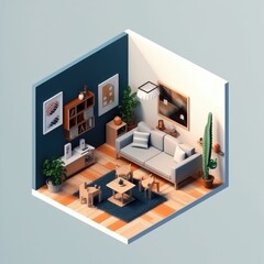 isometric low poly living room . Isometric living room interior 