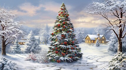 a detailed image of a snowy garden adorned with a stunningly decorated Christmas tree.
