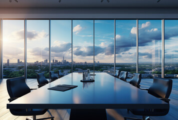 Fototapeta premium Modern office meeting room interior with glass windows. Created with Generative AI