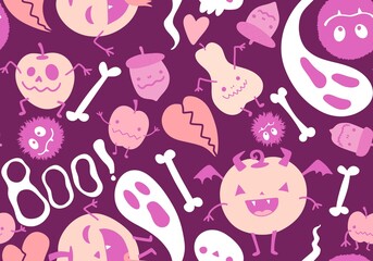 Halloween cartoon pumpkins seamless ghost and bones and skulls pattern for wrapping paper and fabrics
