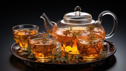 Hot tea in glass teapot and glass cups and fresh leaves with natural steam on white background