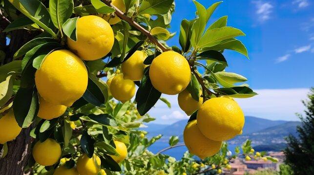 lemon tree with fresh yellow juicy fruits at summer, generative AI