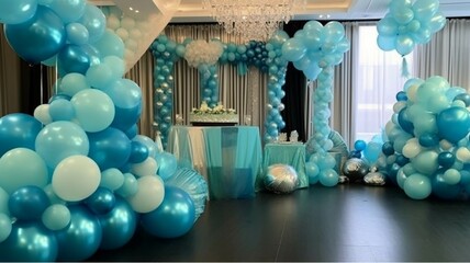 Wedding decorated with blue and gold balloons cake and candles