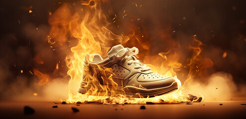sport shoe in flame, sneaker burning, creative ad for banner concept, generative AI